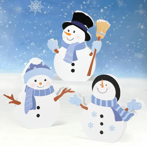 Vista 4 de Decoración de Navidad de muñeco de nieve COCHIE para interiores, lindo juego de decoración de bandeja escalonada de invierno de 3 piezas, bloques