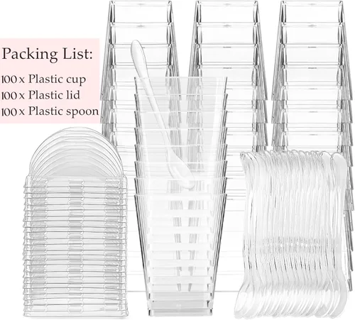 Vista 3 de TOFLEN Paquete de 100 tazas de postre de plástico de 5 onzas con tapas de cúpula para fiestas, mini tazas de postre con cucharas, taza disparadora