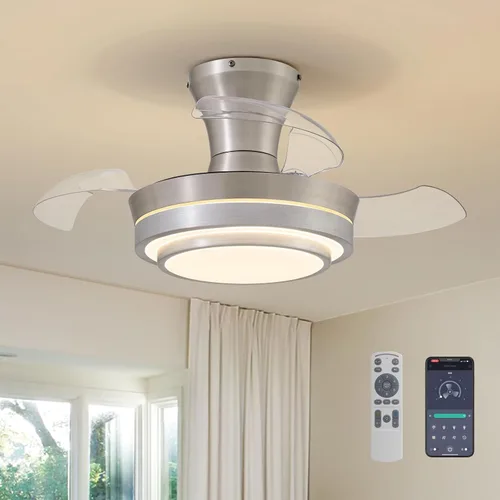 Vista 11 de Ventilador de techo retráctil moderno de 71 cm con luz, control remoto, regulable, 6 velocidades, reversible, pequeña luminaria de techo, sin aspas