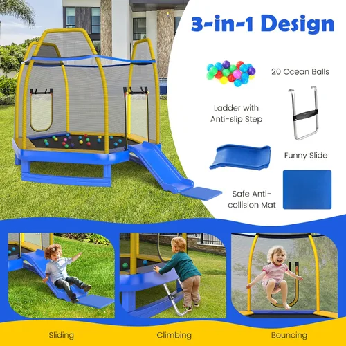 Vista 2 de GYMAX Trampolín para niños, cama elástica de 7 pies aprobada por ASTM con tobogán, escalera, pelotas y tapetes oceánicos, trampolín recreativo