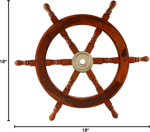 Vista 7 de Bhartiya Handicrafts Rueda de barco náutico para decoración de pared, volante de barco pirata de madera rústica con cubo de latón, rueda de capitán
