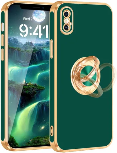 Vista 10 de Fingic Funda para iPhone X, iPhone Xs con soporte de anillo, soporte magnético giratorio de 360°, chapado en oro, borde dorado, delgada, suave, TPU