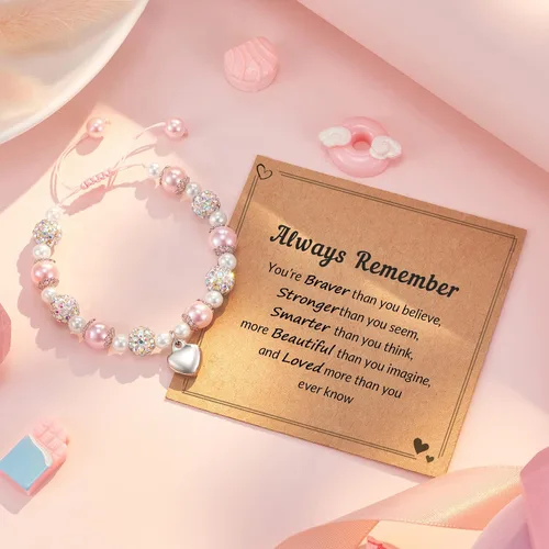 Vista 5 de HGDEER 100% Natural Stone Adjustable Bracelets, Pink Zebra Jasper Heart Charm Jewelry, Trendy Birthday Teen Girl Gift Ideas with Quote Card & Gift