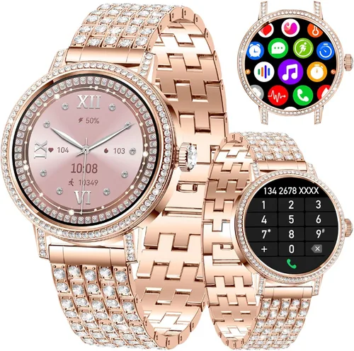 Vista 9 de Relojes inteligentes para mujer con llamadas Bluetooth de diamantes, reloj inteligente con pantalla HD de 1.27 pulgadas, rastreador de actividad