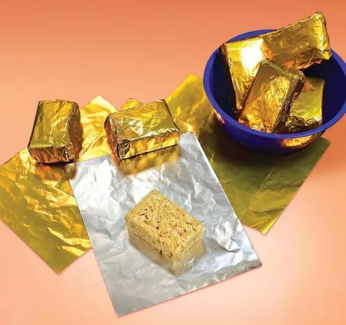 Vista 6 de Better Kitchen Products Envolturas de caramelo de papel de aluminio dorado, 6 x 7.5 pulgadas, parte trasera plateada, embalaje individual