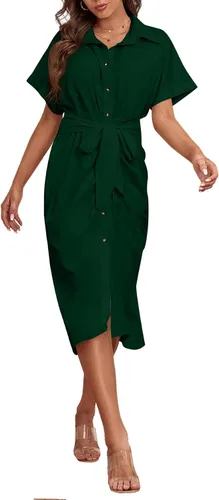 Vista 3 de LYANER Vestido midi de manga corta con cuello y botones para mujer