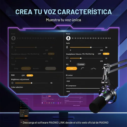 Vista 3 de MAONO XLR/USB - Micrófono dinámico para juegos RGB con software, silencio, perilla de ganancia, control de volumen y conector para auriculares
