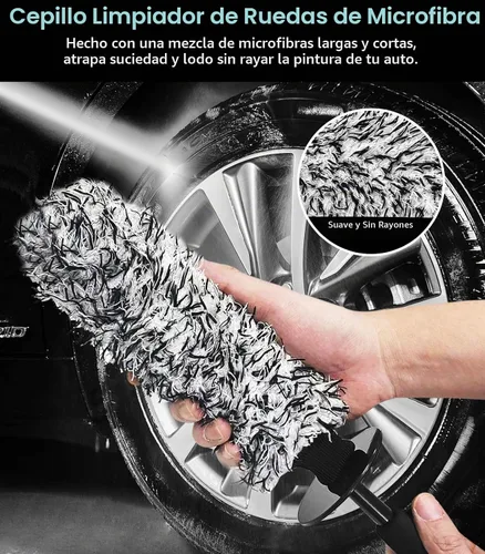 Vista 3 de YeewayVeh Cepillo de limpieza de ruedas de 3 piezas, cepillo limpiador de llantas planas de microfibra con 2 cubiertas extra reemplazables, kit