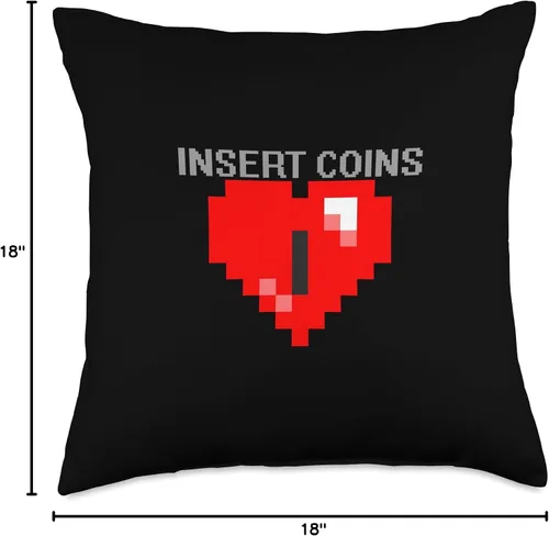 Vista 4 de Arcade Nostalgia Insert Coins - Almohada pixelada con diseño de corazón de 8 bits, 18 x 18, multicolor