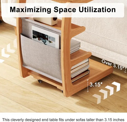 Vista 5 de AQIMUELE Mesa auxiliar de madera en forma de C, escritorio de sofá con 2 ruedas con cerradura, mesa de sofá de 4 niveles con bolsa de Natural