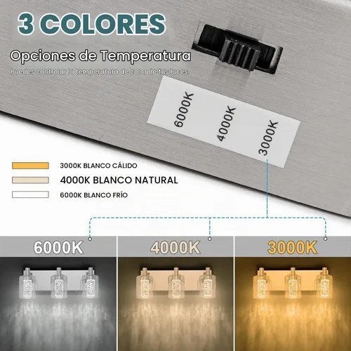 Vista 3 de SineRise - Luz de tocador con 3 modos de color (3000K/4000K/6000K), lámpara de baño LED con protección ocular, lámpara de pared moderna regulable