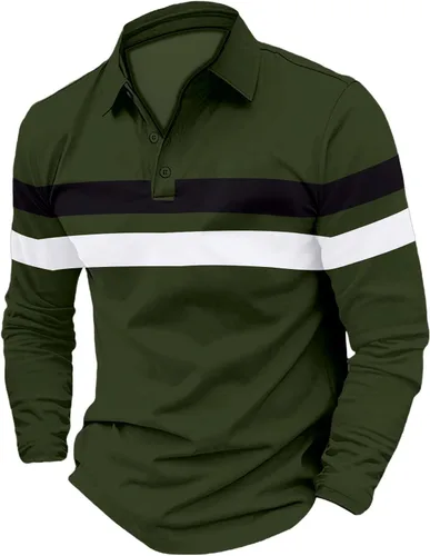Vista 3 de Camisa polo para hombre, manga larga, cuello abotonado, bloque de color, moda para trabajo y golf