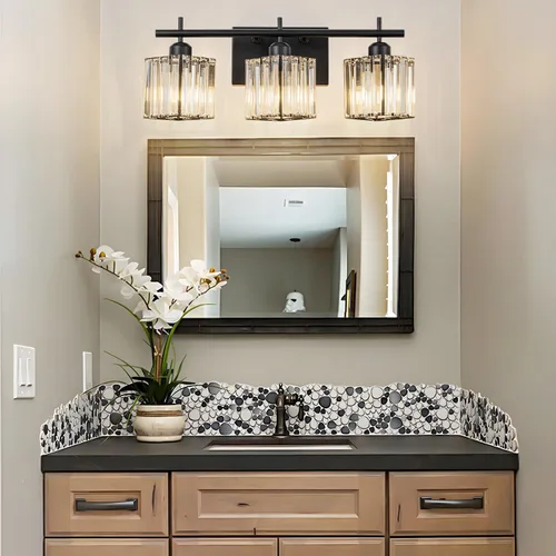 Vista 7 de Modernas luces de tocador de baño de cristal sobre el espejo, accesorios de iluminación de baño negro mate de 3 luces, accesorios de iluminación
