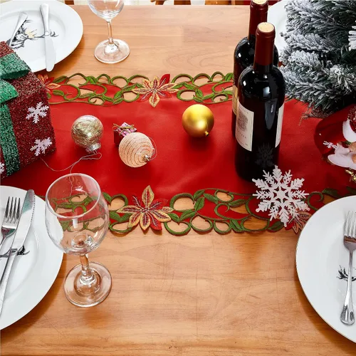 Vista 6 de AMARED Caminos de Mesa Bordados de Navidad con Calados de Hojas Verdes Manteles de Mesa Navideños para Decoraciones de Navidad 15x87 Pulgadas