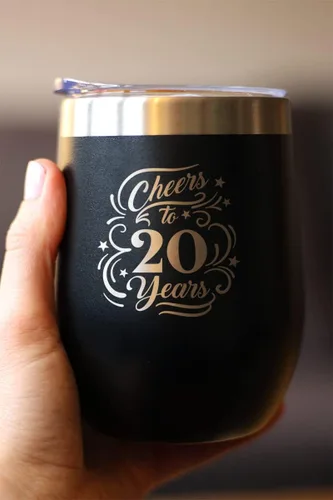 Vista 2 de Cheers to 20 Years - Vaso de vino con tapa deslizante - Taza aislada de acero inoxidable - Regalo para el 20 aniversario - Negro