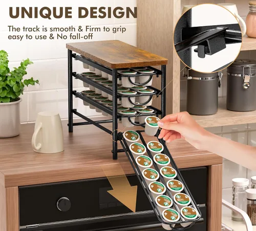 Vista 6 de HFHOME Soporte para cápsulas de café con parte superior de madera, compatible con K-Cups, cajón de almacenamiento de cápsulas de café de 4 niveles
