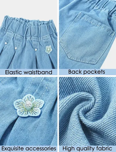 Vista 2 de Happy Cherry Pantalones cortos de mezclilla de verano para niña, pierna ancha, lindos pantalones de enfriamiento de 1-13 años