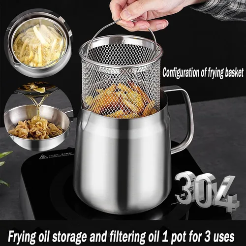 Vista 8 de Olla de acero inoxidable 304 de 53 onzas con cesta y colador, recipiente de grasa de tocino de gran capacidad para cocina, recipiente de filtro