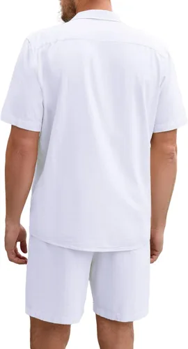Vista 2 de TURETRENDY Conjunto de 2 piezas de algodón y lino para hombre, casual, manga larga, camisas y pantalones cortos, para verano, playa, yoga, trajes a