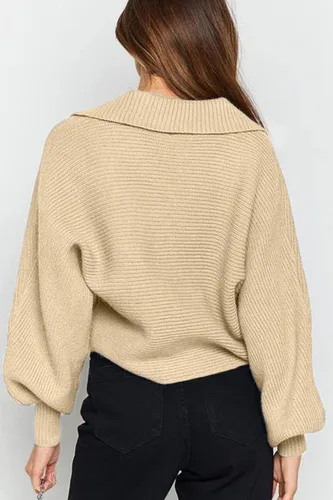 Vista 5 de CHYRII - Suéter de punto tipo polo con manga larga abombada y cuello en V para mujer, extra grande