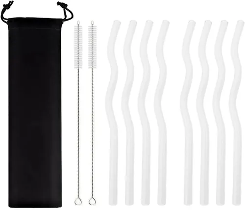 Vista 12 de JASHII Pajitas de vidrio ondulado negro – 8 piezas, 7.87 x 0.31 pulgadas, reutilizables con bolsa negra, multicolor para beber bebidas