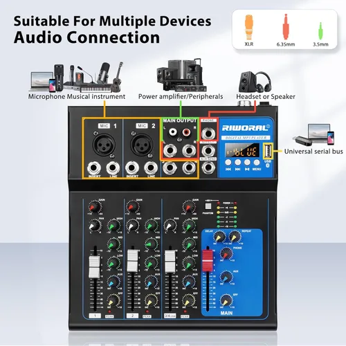 Vista 3 de Interfaz de audio de 4 canales, mezclador de audio USB, tablero de sonido, consola de mezcla incorporada Bluetooth MP3 Entrada de computadora+48 V