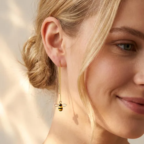 Vista 3 de SLUYNZ Pendientes colgantes de abeja de 925 plata de ley sólidos para mujeres y adolescentes, aretes de gota de abeja de miel, enhebradores con 18K