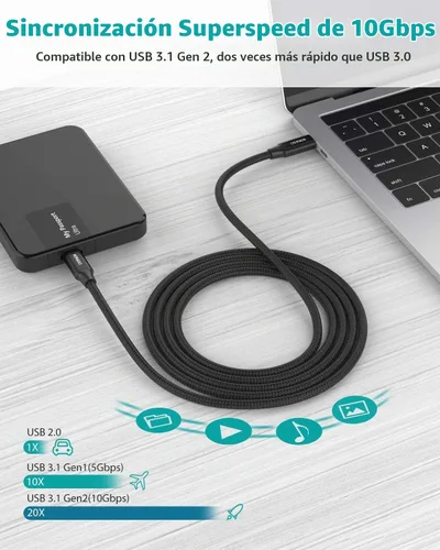 Vista 3 de Cable NIMASO USB C 3.1 Gen 2 de transferencia de datos de 10 Gbps, cable de monitor de salida de video 4K, carga rápida PD de 100 W para iPhone Negro