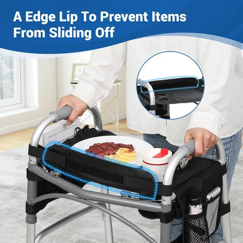Vista 3 de Bandeja para andadores para personas mayores con portavasos – Accesorios para andadores 【con bolsillos, portavasos y alfombrilla antideslizante
