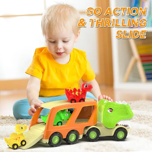 Vista 5 de Veslier Juguetes de Dinosaurio para Niños de 2-4 y 3-5 años con 6 Vehículos de Coche de Dinosaurio, Camión Transportador de Dino con Música y Sonido