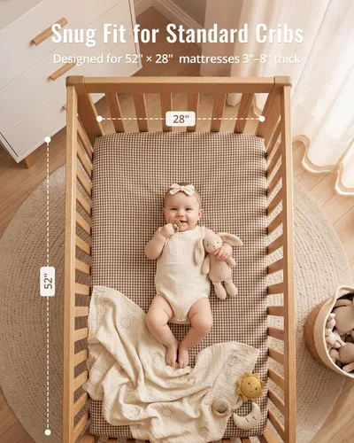 Vista 5 de Blissful Diary Muslin Crib Sheets, 2 Pack, Beige Gingham & Brown Gingham fitted for 52''x28'' crib mattress, soft and breathable cotton, boho