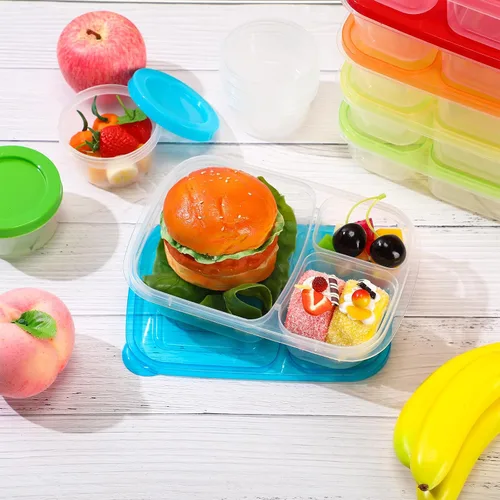 Vista 7 de Tanlade Lonchera Bento reutilizable de 37 onzas, 6 unidades, 3 compartimentos, recipientes de plástico para preparación de comidas, 12 recipientes