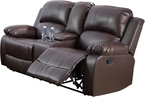 Vista 3 de Juego de sofá reclinable de 3 piezas, tapicería de cuero regenerado, reclinable manual con mesa desplegable y consola central (marrón, 3 piezas)