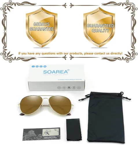 Vista 5 de Soarea Fashion Shields - Gafas de sol de aviador para mujeres y hombres de gran tamaño cuadradas de metal antirreflejos 100 protección UV