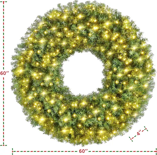 Vista 6 de Yaheetech 2 coronas artificiales grandes de Navidad de 60 pulgadas, decoración navideña preiluminada con lazo rojo, 300 luces LED y 1026 puntas