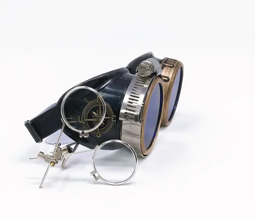 Vista 6 de Lentes estilo victoriano Steampunk con diseño de brújula, lentes de colores y lupa ocular