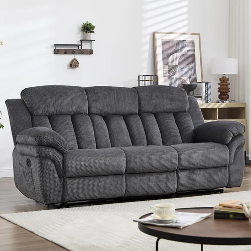 Vista 26 de CANMOV Juego de sofá reclinable, sofá biplaza reclinable manual y sofá de 3 plazas con reposabrazos sobrerelleno para sala de estar, muebles de Gris