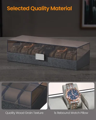 Vista 6 de Hzuaneri Caja de reloj, regalos de Navidad, caja de reloj de 6 ranuras con tapa acrílica grande, almohadas de reloj extraíbles, organizador, regalo
