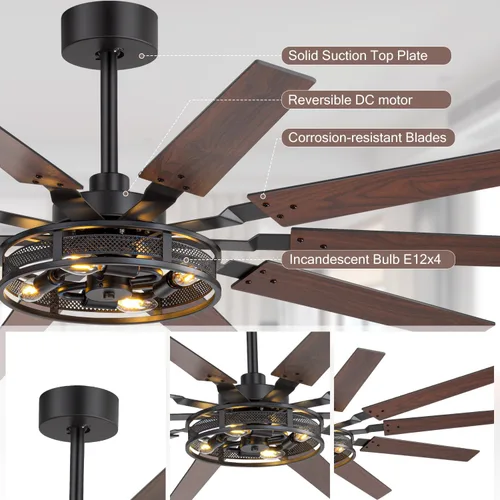 Vista 5 de Ventiladores de techo estilo granja de 60 pulgadas con luces rústicas, ventiladores de techo con jaula con control remoto, ventilador de techo