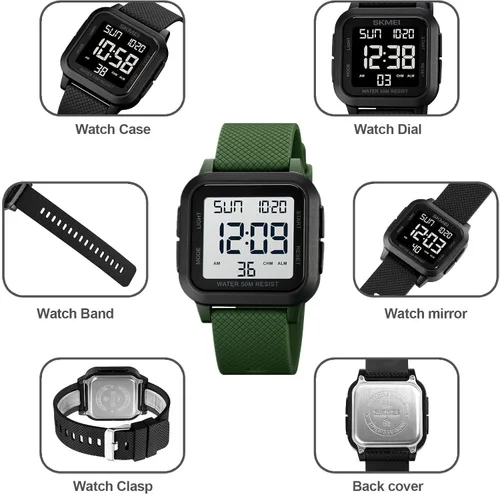Vista 5 de Reloj digital deportivo para hombre, resistente al agua, con retroiluminación LED, alarma, temporizador de cuenta regresiva, doble hora, cronómetro