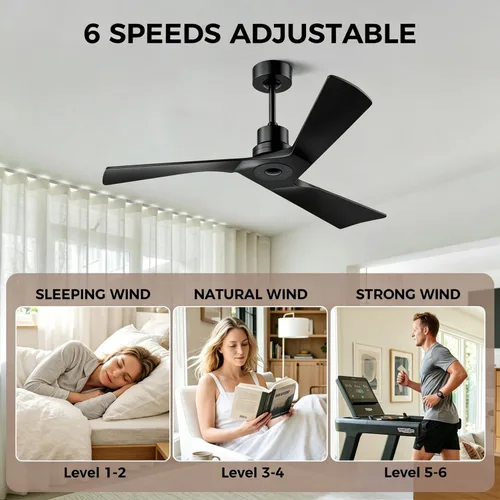 Vista 3 de Obabala Ventilador de techo de 52 pulgadas con control remoto, cuchillas de madera maciza, motor CC de 5000 CFM, silencioso, 35 dB, reversible, 6