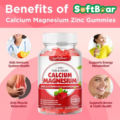 Vista 4 de softbear Gomitas de calcio y magnesio y zinc para mujeres, suplemento de calcio y magnesio con vitamina D3 para fortalecer los huesos, veganas/sin