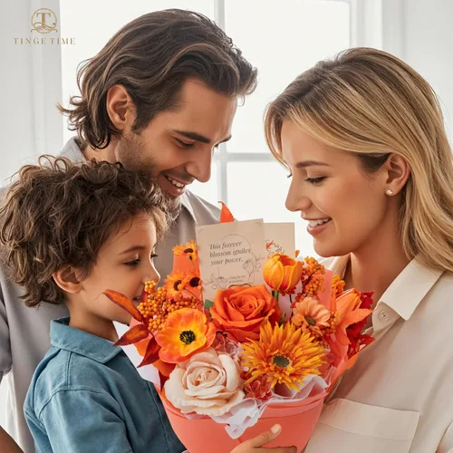 Vista 9 de Ramo de flores preservadas de color naranja, ramo de regalo para mujeres, regalo de flores falsas eternas para Navidad, aniversario, cumpleaños