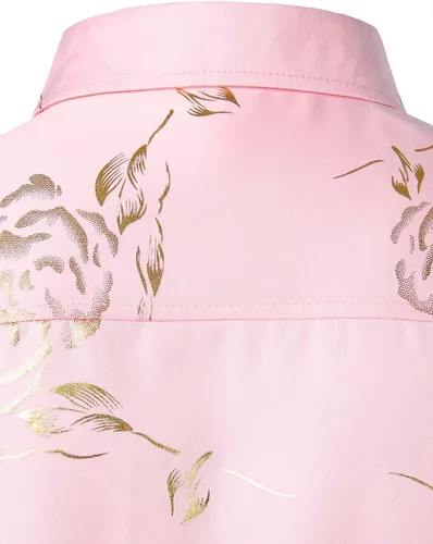 Vista 6 de ZEROYAA - Camisas de vestir de manga corta con estampado de rosa dorada para hombre, estilo hipster, calce ajustado, con botones