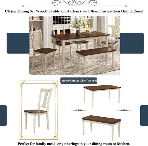 Vista 8 de LUMISOL Juego de mesa de comedor de 6 piezas con banco, juego de mesa de cocina rectangular de granja para comedor, mesa de comedor y juego de 4