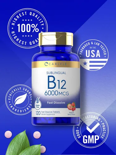 Vista 5 de Carlyle Vitamina B-12 6000mcg 120 tabletas de disolución rápida Sabor natural de bayas Cianocobalamina y metilcobalamina Suplemento