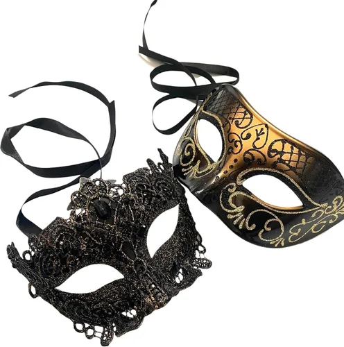 Vista 35 de MASQ Par de máscaras de encaje brocado para mascarada, Mardi Gras, cumpleaños, graduación, boda, fiesta Bk Lace W Pluma