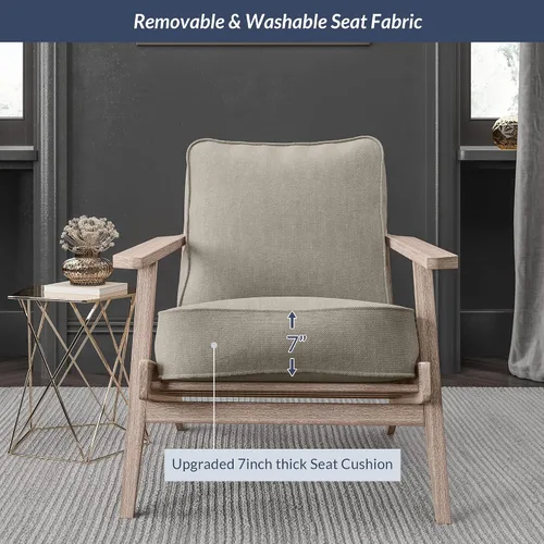 Vista 3 de BELLEZE Silla moderna de mediados de siglo con marco de madera resistente, silla tapizada de lino, fácil montaje, cómoda silla decorativa para sala