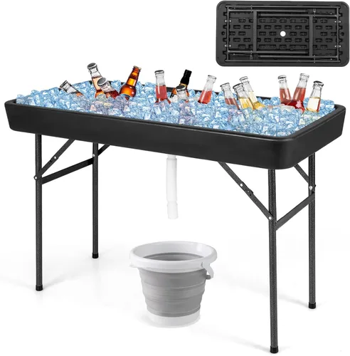 Vista 11 de Giantex Mesa enfriadora de hielo plegable, mesa de barra fría para exteriores de 46 pulgadas con drenaje, cubo plegable y falda extraíble a juego