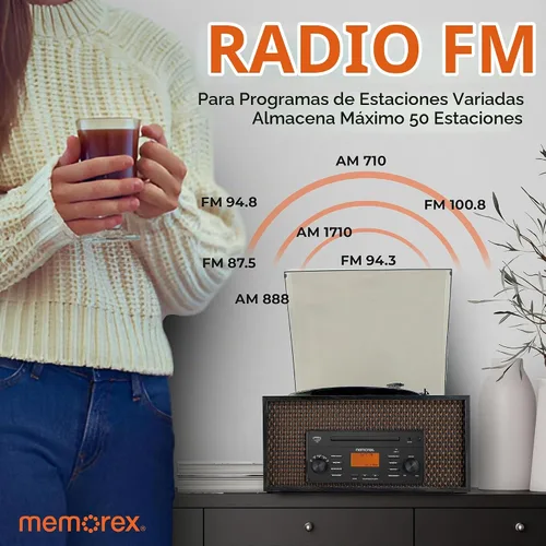 Vista 6 de Memorex MX-TT700 Centro de música de madera nostálgico 7 en 1 CD/MP3, USB, Bluetooth Tocadiscos, AM/FM, entrada AUX Grabar a USB, pantalla
